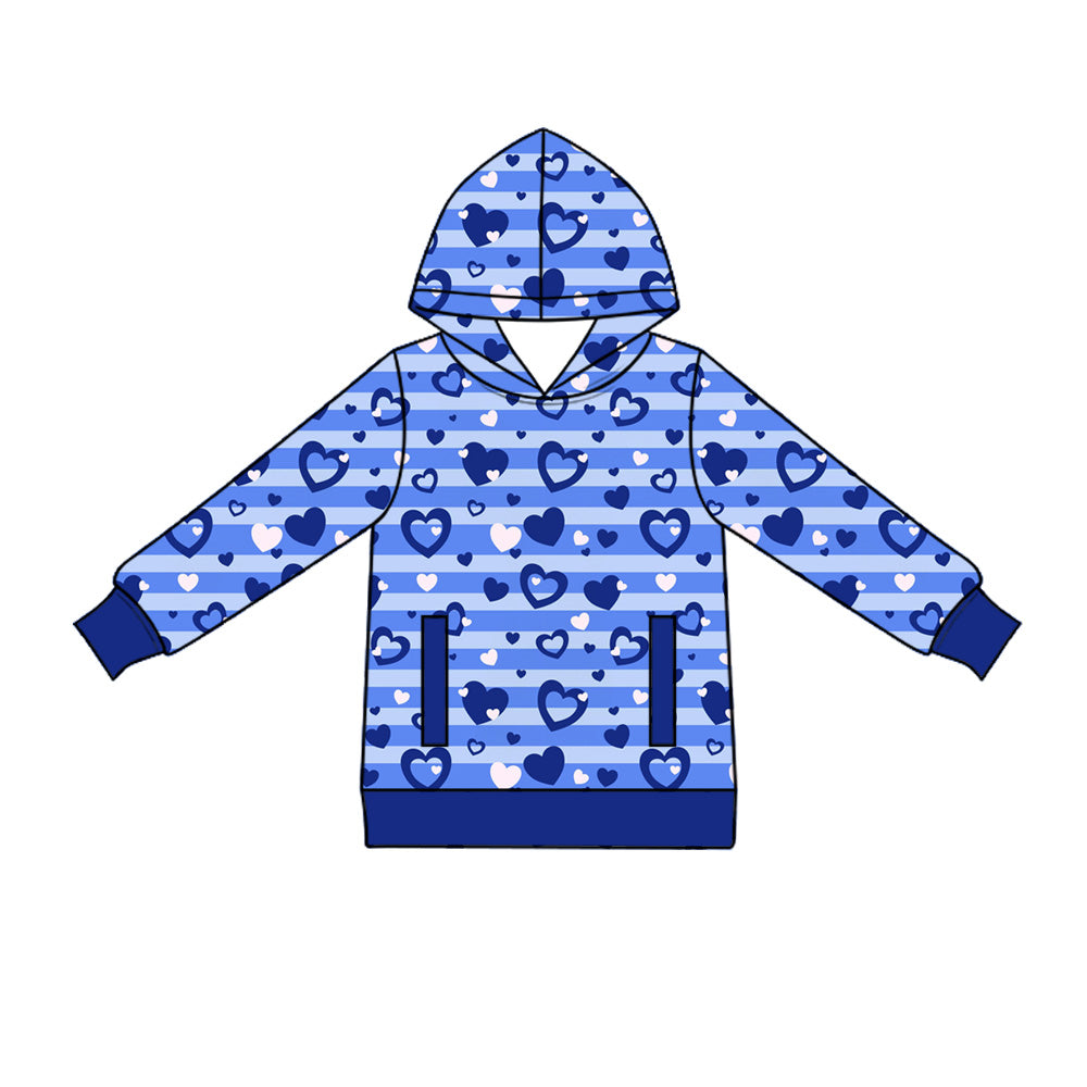 Preorder (moq 5) Adult Women Blue Stripe Hearts Valentines Pockets Hoodies Top
