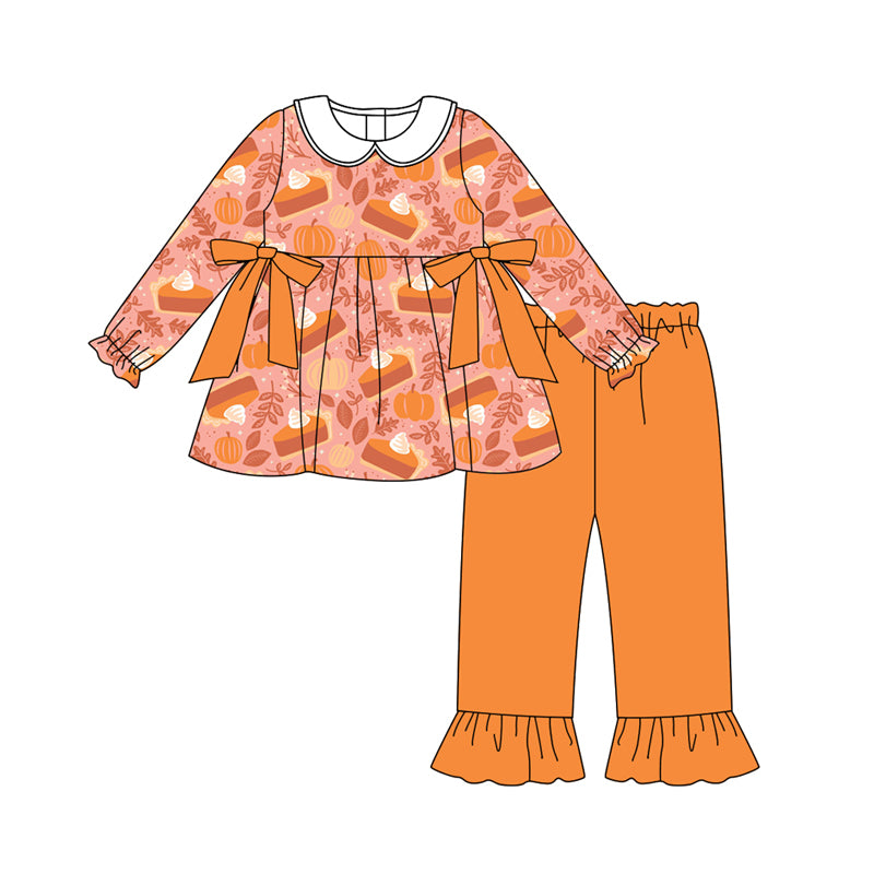 Preorder (moq 5)Baby Girls Long Sleeves Pie Pumpkins Bows Tunic Ruffle Pant Set