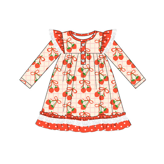Preorder (moq 5)Baby Girls Long Sleeves Red Plaid Bows Strawberry Ruffle Button Knee Length Dresses