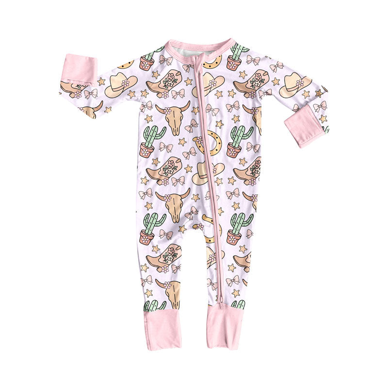 Preorder (moq 5)Baby Girls Pink Bull Skulls Hats Zipper Footie Rompers