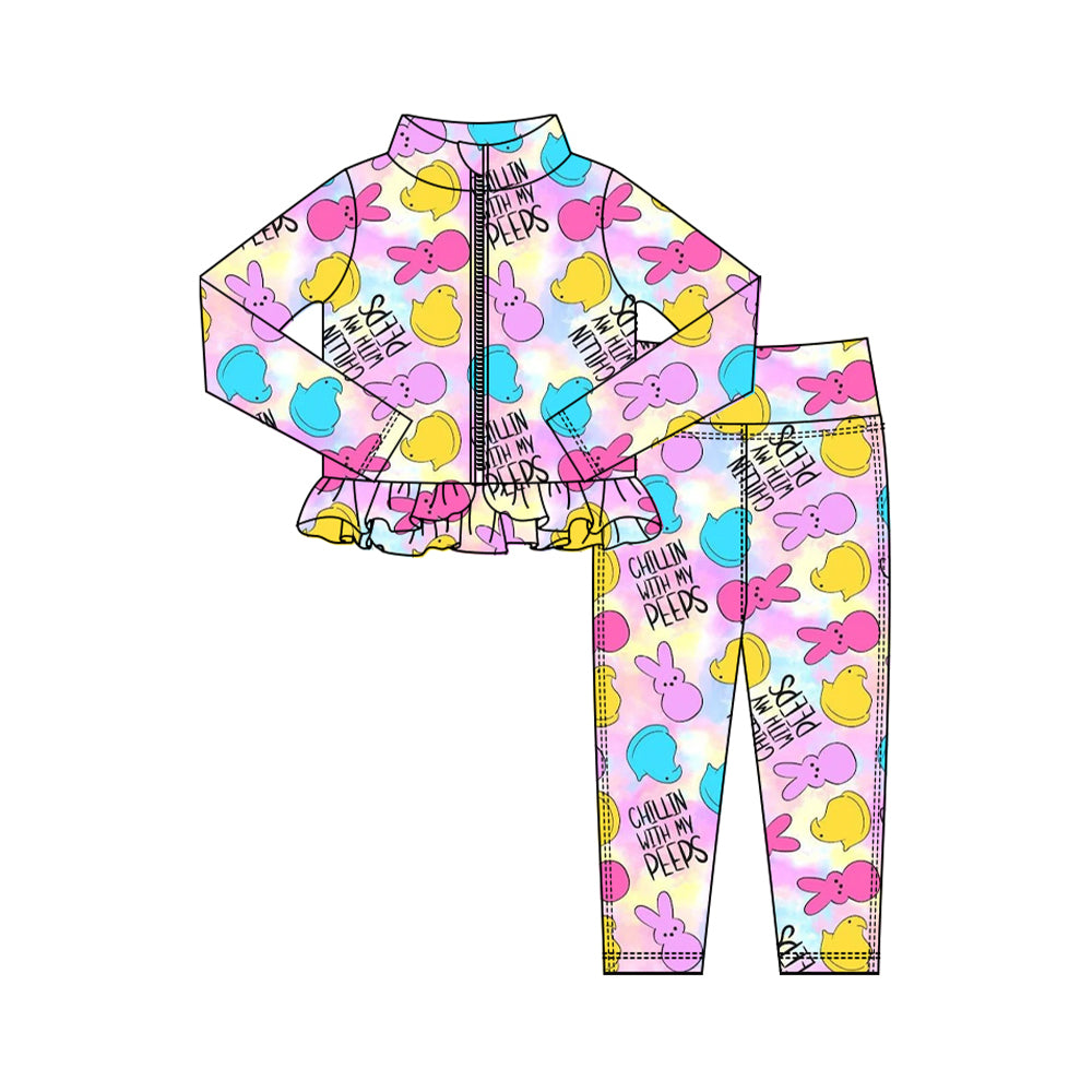 Preorder (moq 5) Baby Girl Clothes Easter Chillin With My Peeps Tie Dye Bunny Chick Print Zip Up Ruffle Top Legging Set