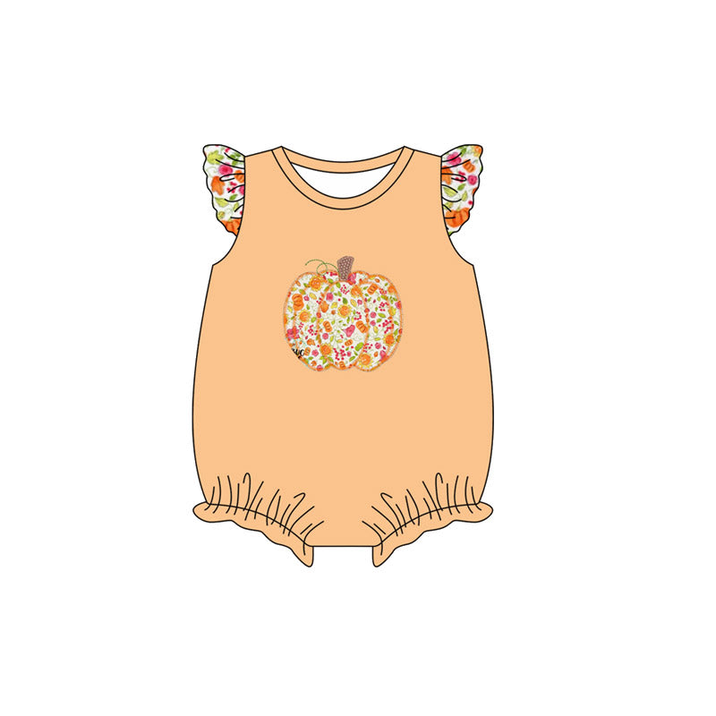 Preorder (moq 5)Baby Girls Orange Flutter Sleeves Floral Pumpkins Ruffle Rompers