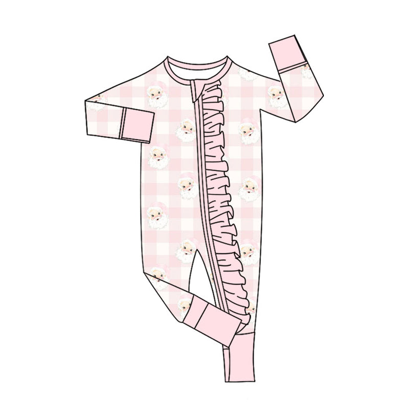 Preorder (moq 5)Baby Girls Pink Checked Santa Christmas Ruffle Zipper Footie Rompers