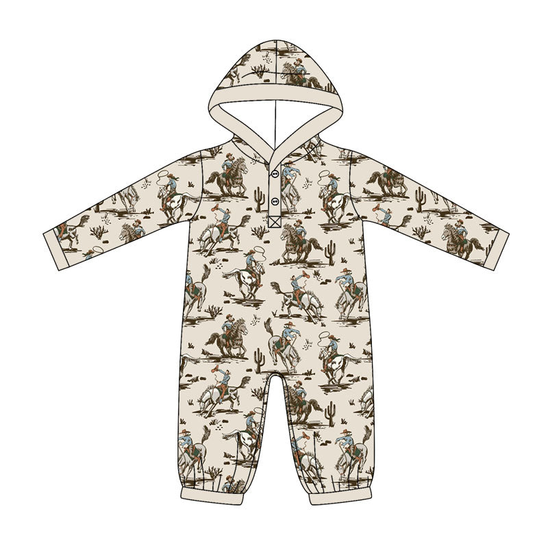 Baby Boys Long Sleeve Horse Rodeos Cactus Western Button Hunting Rompers Preorder
