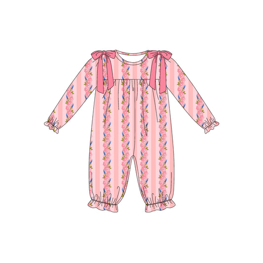 Preorder (moq 5)Baby Girls Long Ruffle Sleeve Flowers Stripe Pant Rompers