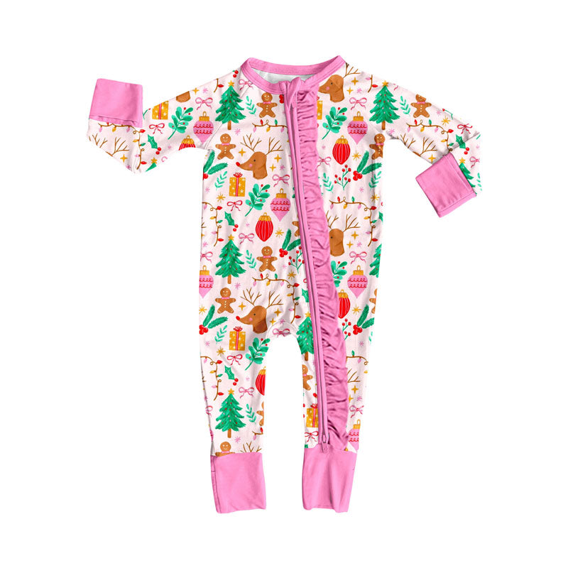 Preorder (moq 5)Baby Boys Gifts Deer Christmas Ruffle Zipper Footie Rompers