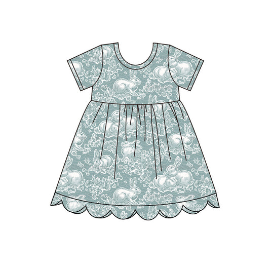 Preorder moq 5 Girls’ Spring Easter Gray, Lake Green & Soft Yellow Rabbit Print Short Sleeve Dress
