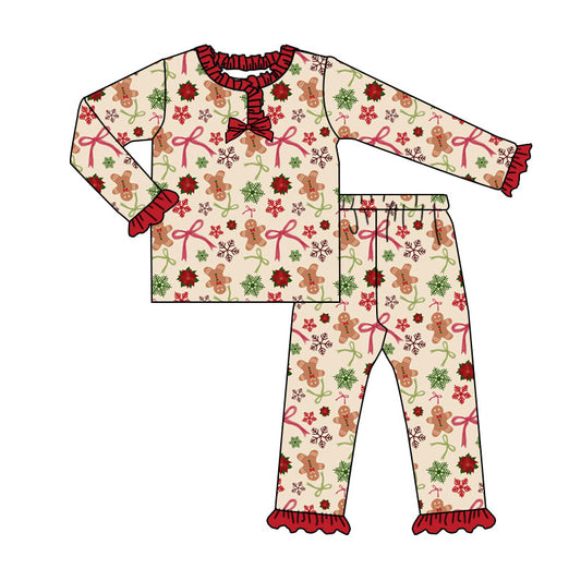 Preorder (moq 5)Baby Girls Gingerbread Bows Holly Christmas Long Ruffle Sleeve Pajamas Sets