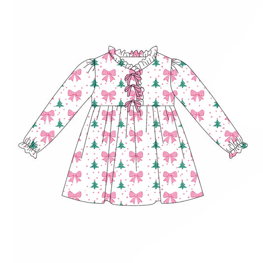preorder(moq 5) Baby Girls Long Sleeves Pink Bows Polka Dots Christmas Trees Knee Length Dress
