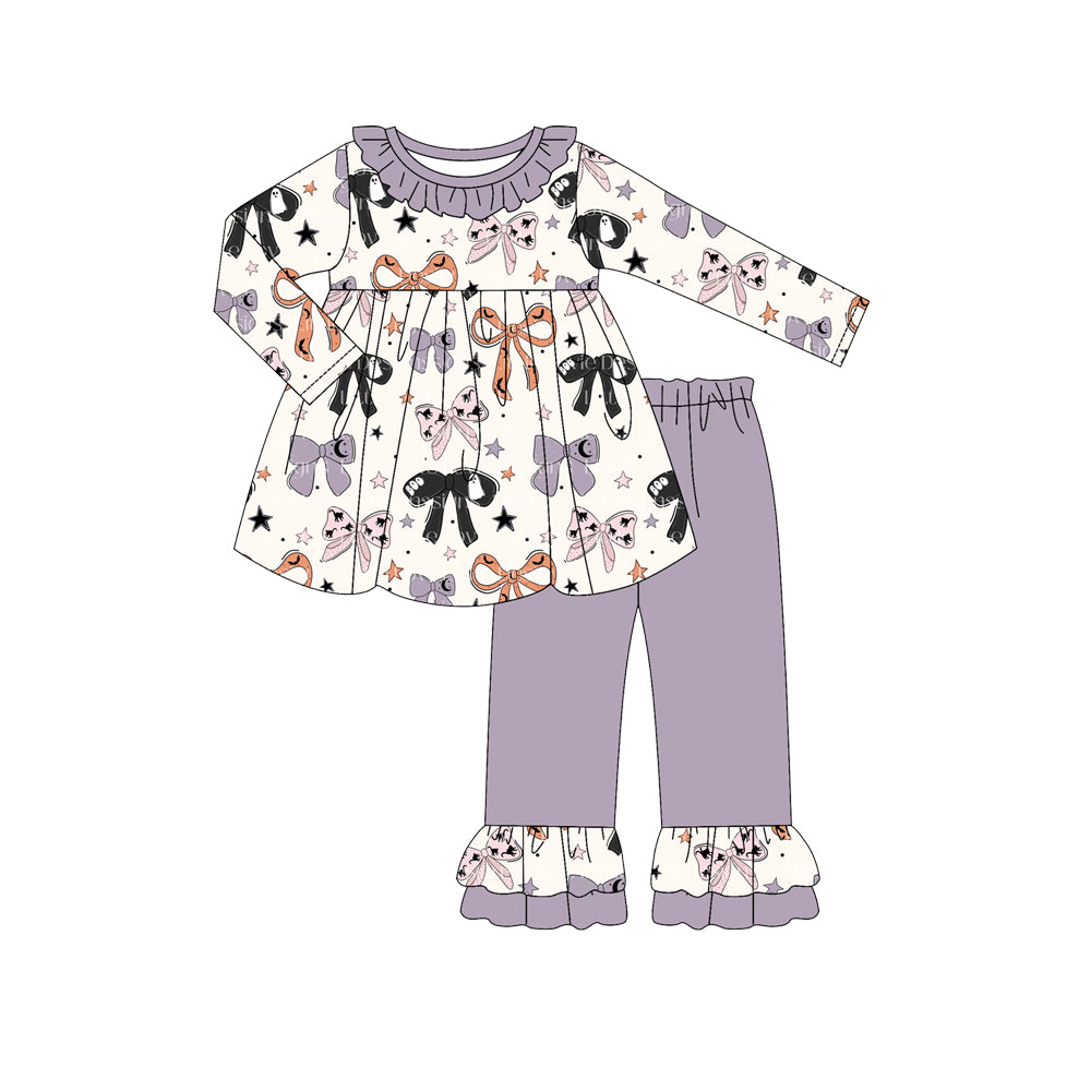Preorder (moq 5)Baby Girls Long Sleeves Colorful Bows Stars Plaid Tunic Lavender Ruffle Pant Sets