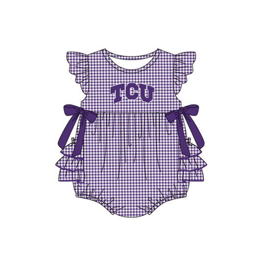 Preorder moq 5 Baby Girls Purple Plaid Flutter Sleeves Bows TCU Team Rompers