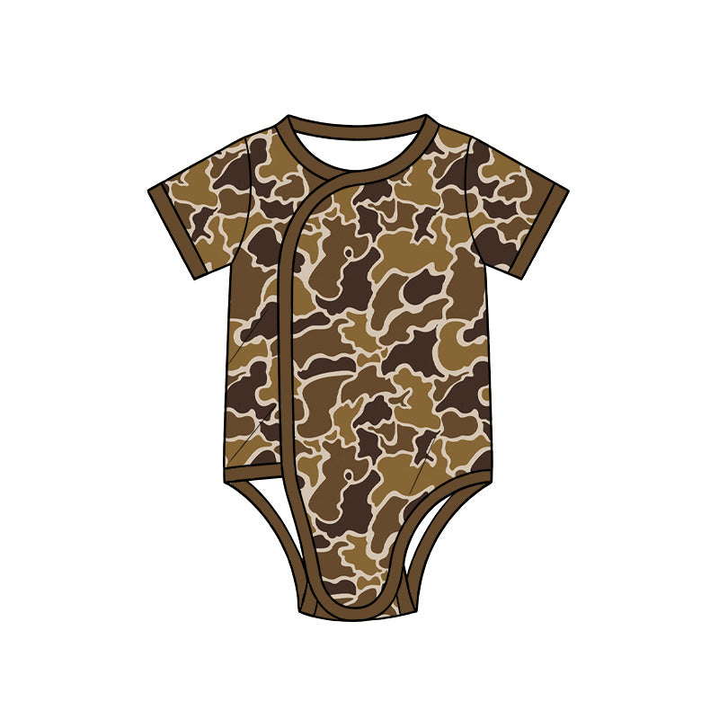 Preorder (moq 5) Baby Boy Clothes Dark Walnut Hunting Camo Print Short Sleeve Side Snap Romper