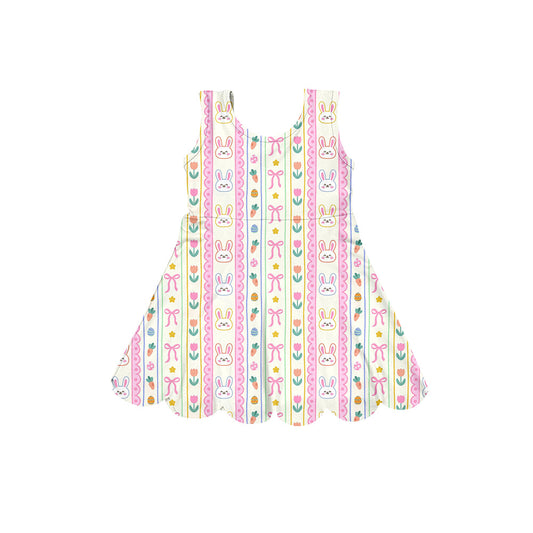 Preorder (moq 5)Baby Girls Sleeveless Rabbits Flowers Stripe Easter Knee Length Dresses
