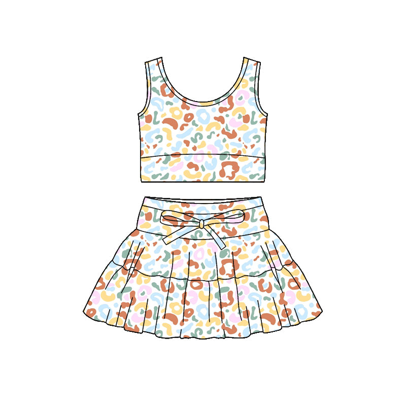 Preorder (moq 5)Baby Girls Colorful Leopard Vest Ruffle Skirt Shorts Clothes Sets