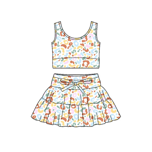 Preorder (moq 5)Baby Girls Colorful Leopard Vest Ruffle Skirt Shorts Clothes Sets