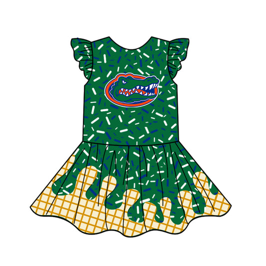 Preorder (moq 5)Baby Girls Green Flutter Sleeves Drip Crocodiles Team Knee Length Dresses