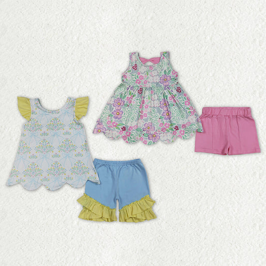 Sibling Baby Girls Colorful Bows Flowers Scallop Tunic Ruffle Shorts Clothes Sets
