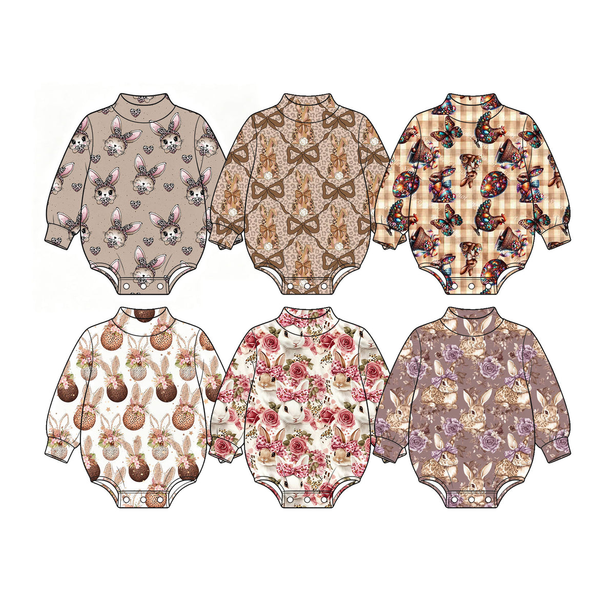 Preorder (moq 5) Baby Girl Clothes Easter Egg Chicken Butterfly Plaid Print Long Sleeve Mock Neck Baby Bodysuit