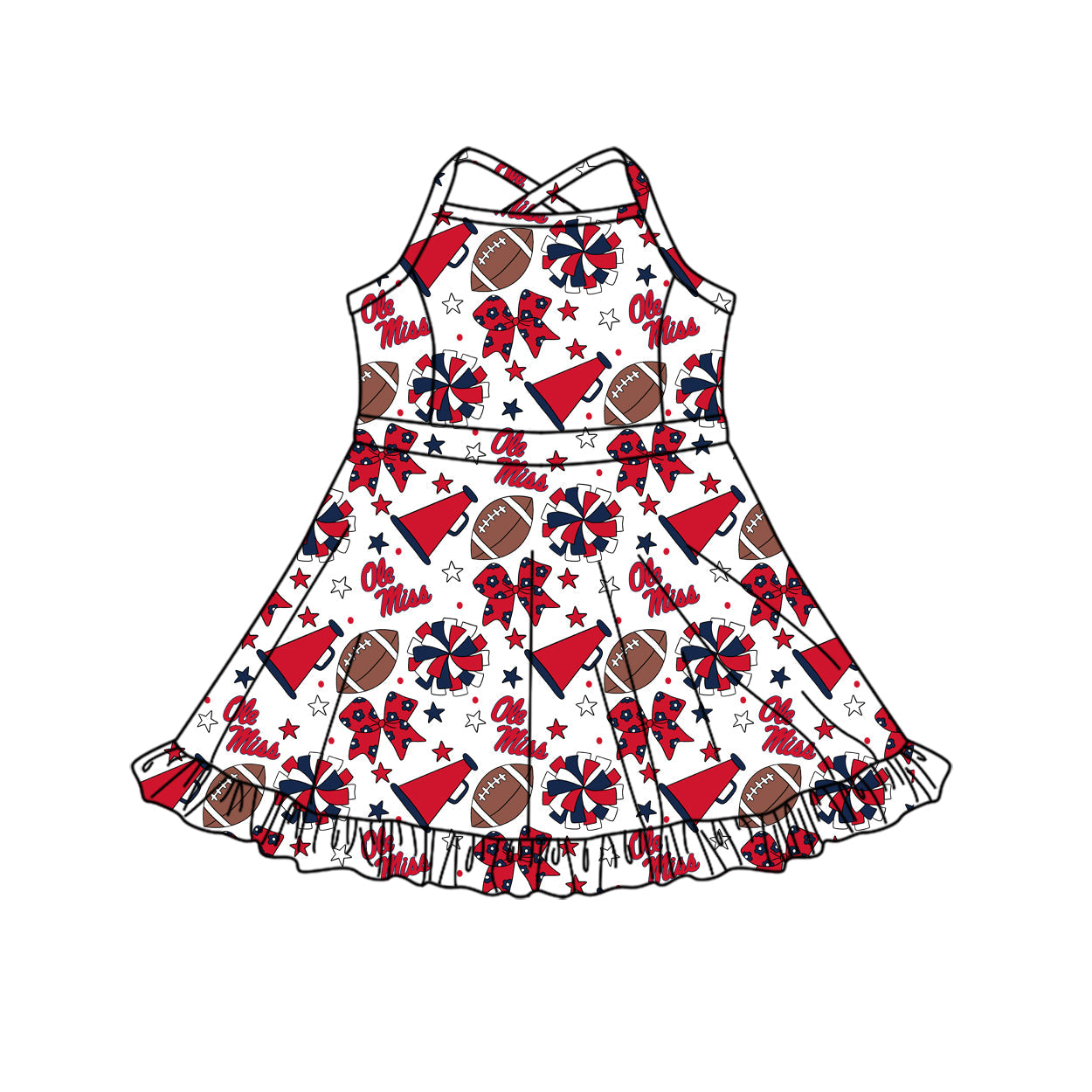 Preorder (moq 5)Baby Girls Strap Bows Stars Footballs Team Shorts Ruffle Knee Length Dress
