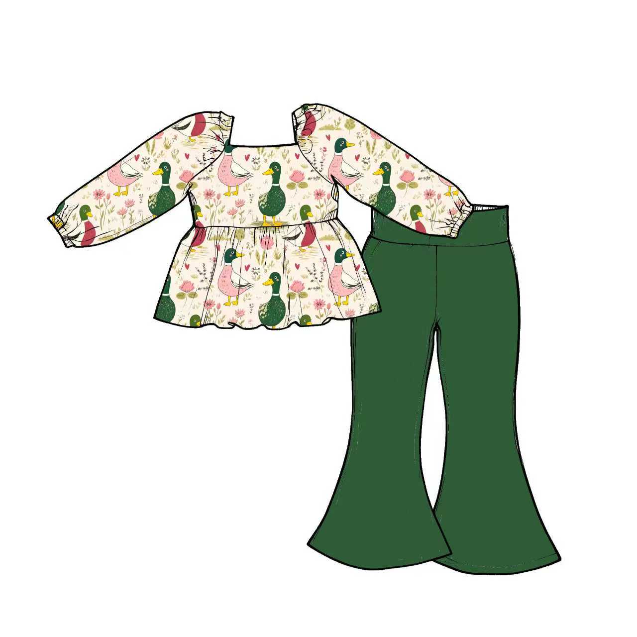Preorder (moq 5)Baby Girls Green Ducks Flowers Tunic Bell Bottom Pants Clothes Sets