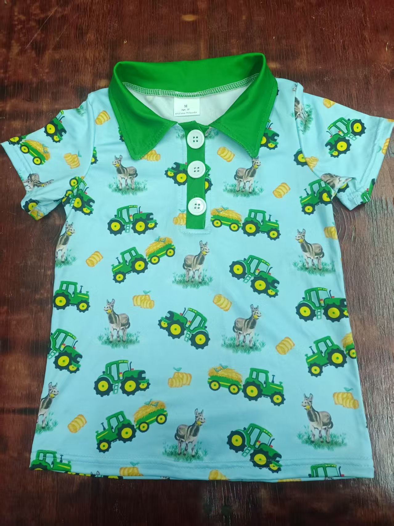 Preorder moq 5 Baby Boys Green Short Sleeves Button Trucks Farm Polo Shirts Top