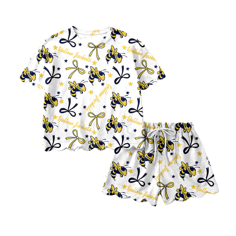 Preorder (moq 5)Baby Girls Yellow Jackets Footballs Top Scallop Shorts Team Clothes Sets