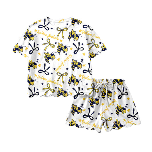Preorder (moq 5)Baby Girls Yellow Jackets Footballs Top Scallop Shorts Team Clothes Sets