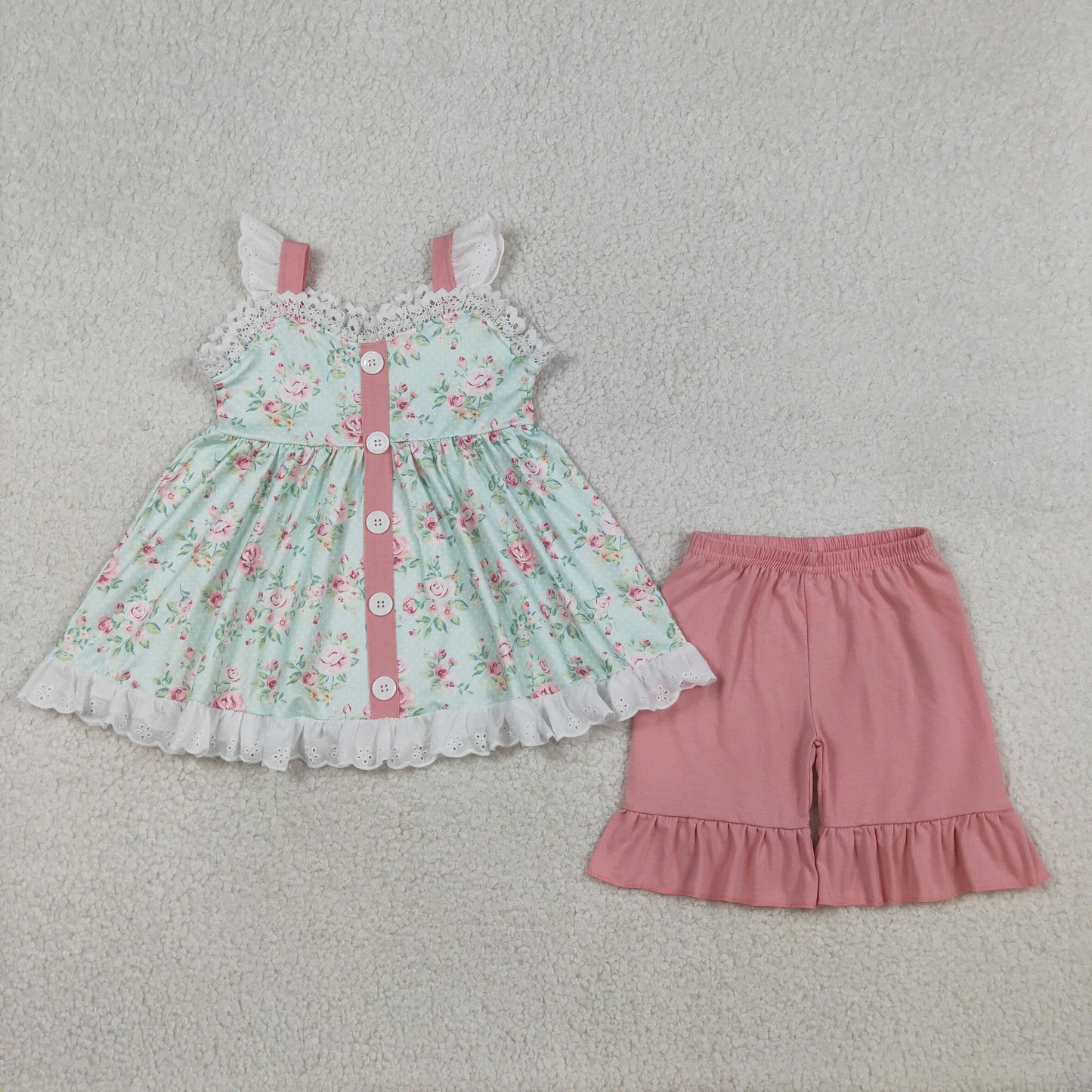 Baby Girls Colorful Flowers Button Tunic Ruffle Shorts Clothes Sets