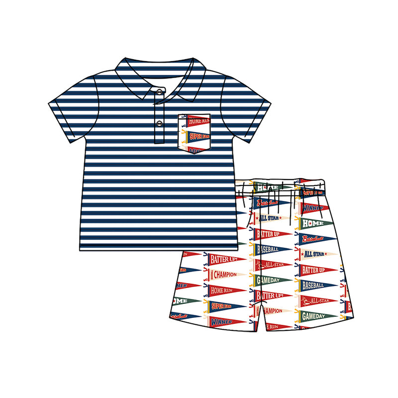 Preorder (moq 5)Baby Boys Stripes Pocket Top Team Flags Shorts Clothes Sets