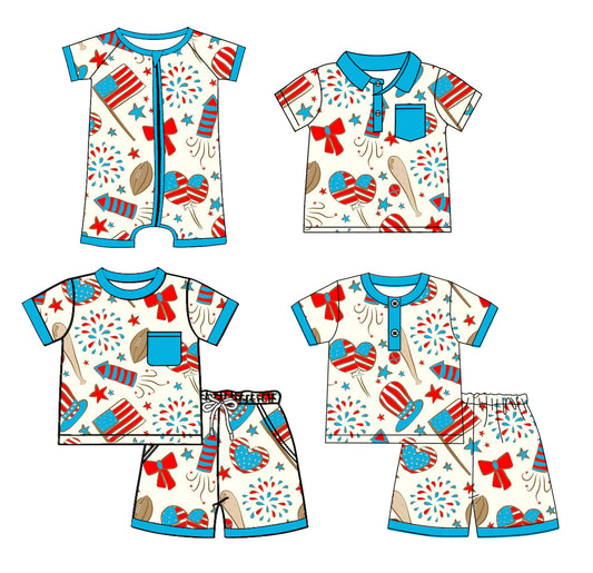Preorder moq 5 Custom Baby Boys Blue Short Sleeves Flags Fireworks Top Short Pajamas 4th Of July Set Polo Shirts And Zipper Rompers