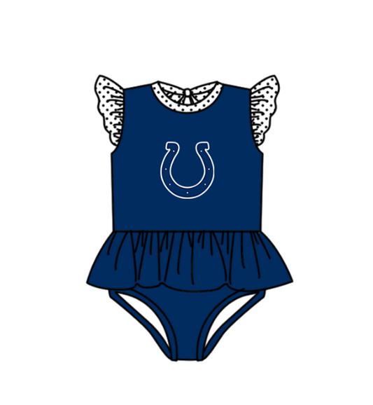 Preorder moq 5 Baby Girls Navy Flutter Sleeve Colts Team Swimsuits