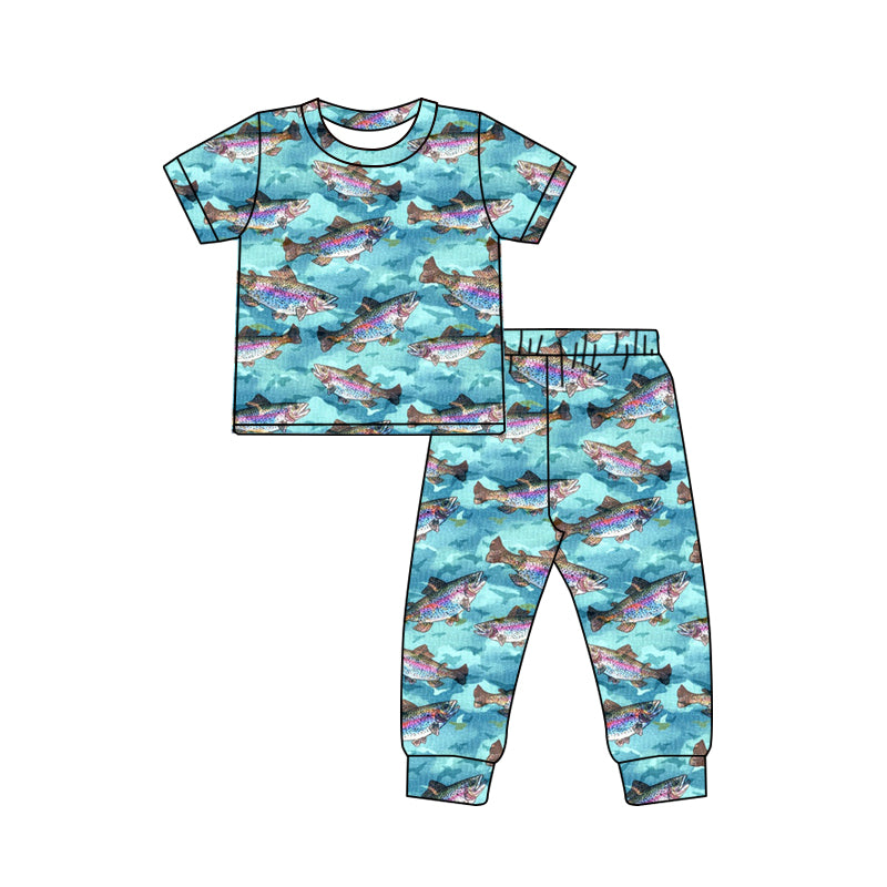 Baby Boys Blue Fishing Shirt Tee Tops Pants Pajamas Clothes Sets preorder (moq 5)