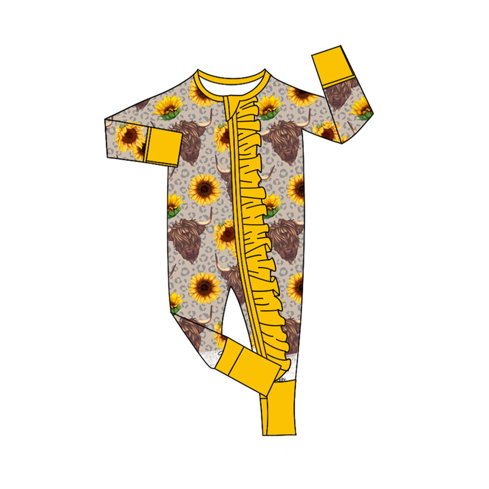 Baby Girls Western Sunflowers Highland Cow Long Sleeve Zip Rompers preorder(moq 5)