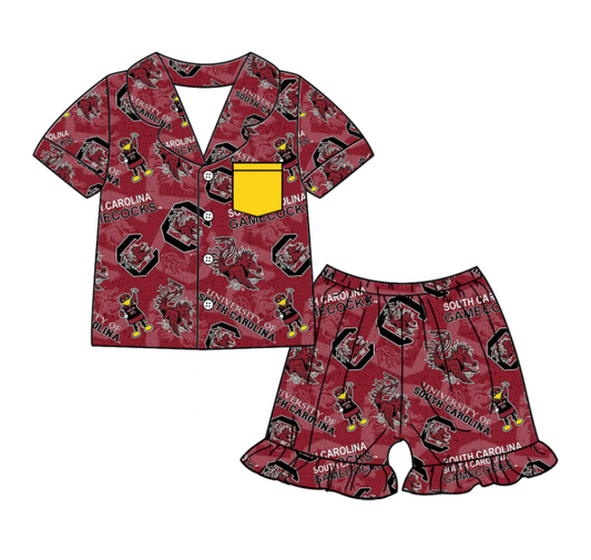 Preorder (moq 5)Baby Girls Short Sleeves Gamecocks Bull Button Pocket Top Ruffle Shorts Team Pajamas Set
