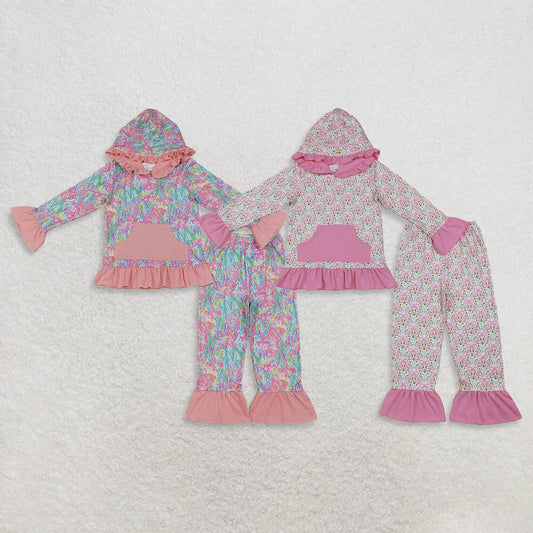 Siblings Baby Girls Colorful Flowers Pockets Ruffle Hoodie Pant Fall Clothes Sets