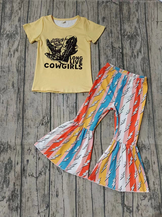Preorder (moq 5)Baby Girls Western Long Live Cowgirls Shirt Thunder Bell Pants Outfits
