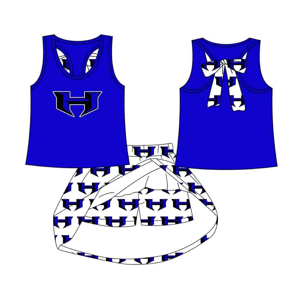 Preorder (moq 5)Baby Girls Blue H bow vest team Top Skirt Skort Sets