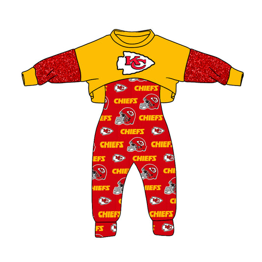 Preorder moq 5 Baby Girls Red Long Sleeves KC Chiefs Shirts Top Pant Romper Set