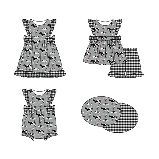 Preorder(moq 5 each)Sibling Baby Girls Farm Cows Bows Spring Romper Dress Shorts Sets