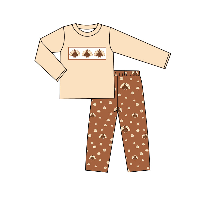 Baby Boys Thanksgivign Turkey Print Shirt Pants Pajamas Clothes Sets Preorder(moq 5)