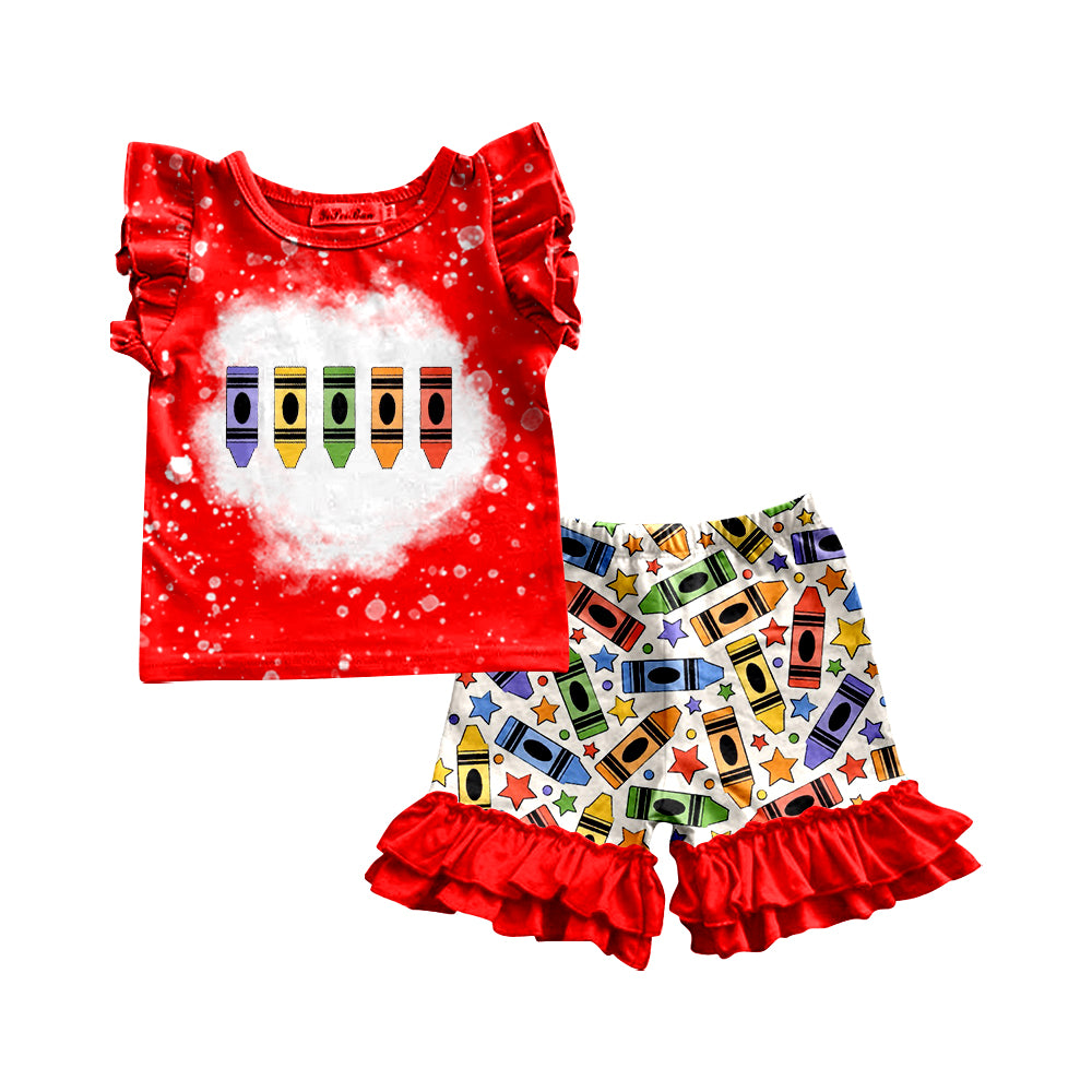 Baby Girls Back To School Crayon Flutter Sleeve Shirt Shorts Clothes Sets preorder(moq 5)