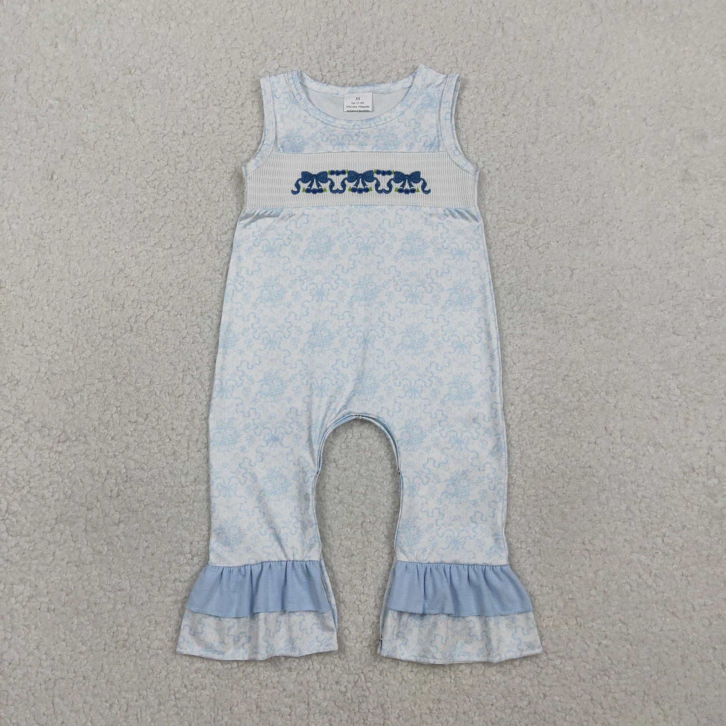 Embroidery Bows Baby Girls Sleeveless Blue Flowers Ruffle Rompers