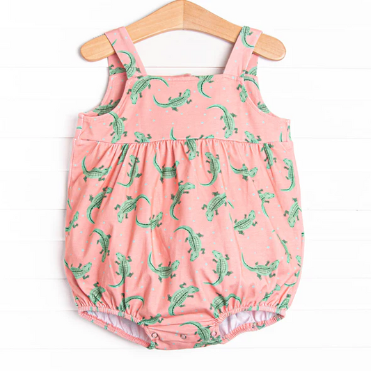 Preorder moq 5 Baby Girls Peach Sleeveless Crocodiles Ruffle Rompers
