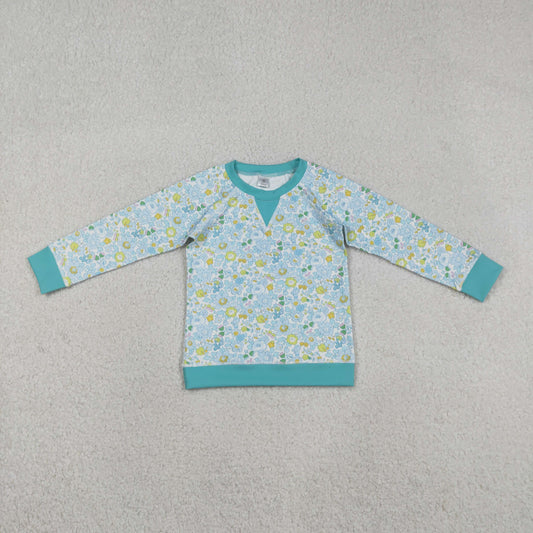 Baby Girls Green Blue Flowers Long Sleeve Yoga Active T-shirts Top