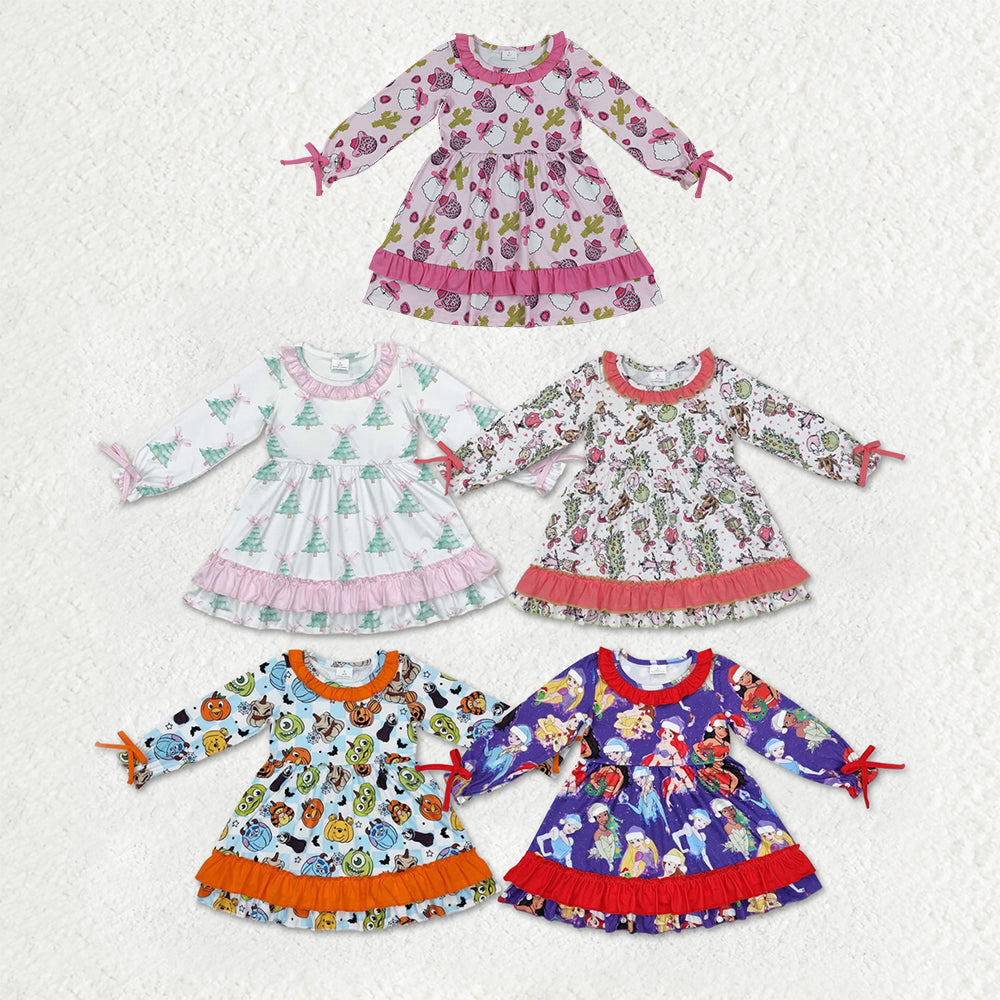 Sibling Baby Girls Long Ruffle Sleeve Cartoon Pumpkins Princess Trees Knee Length Dresses