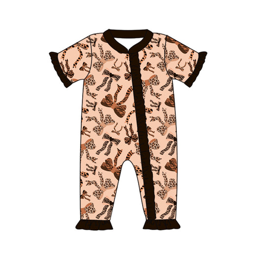 Infant Baby Girls Black Leopard Bows Zip Rompers preorder(moq 5)