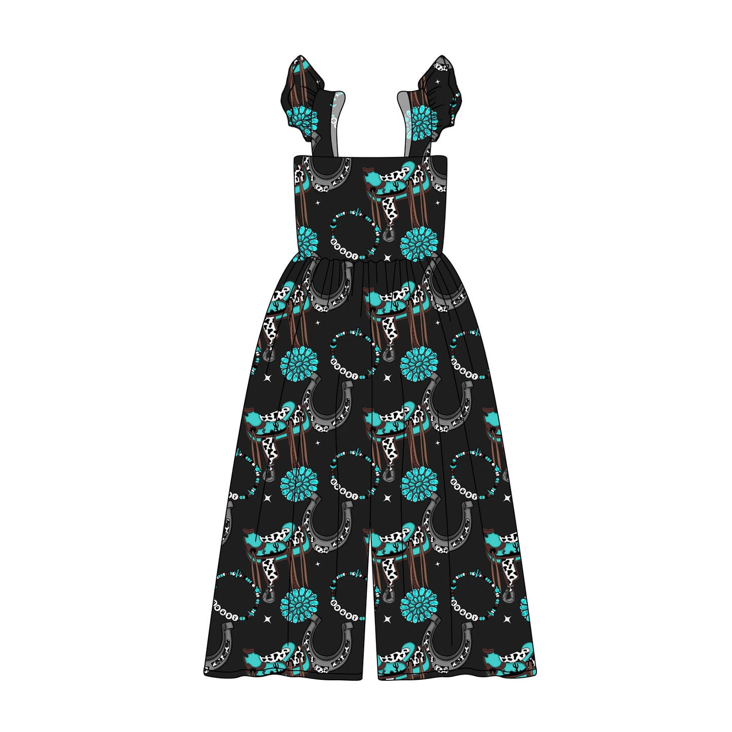 Preorder (moq 5)Baby Girls Black Flutter Sleeves Turquoise Horse Shoes Bell Bottom Jumpsuits
