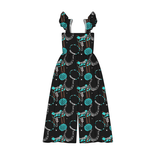 Preorder (moq 5)Baby Girls Black Flutter Sleeves Turquoise Horse Shoes Bell Bottom Jumpsuits