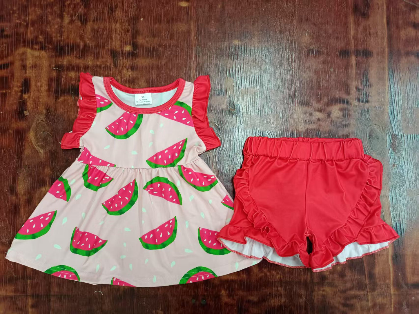 Preorder moq 5 Baby Girls Red Sleeveless Watermelon Tunic Ruffle Short Set