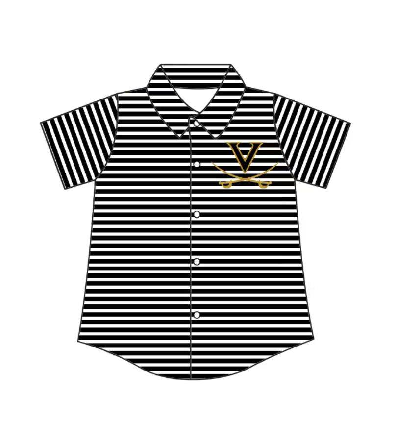 Preorder (moq 5)Baby Boys Short Sleeve Black Stripe Vidor Pirates Team Button Shirt Top